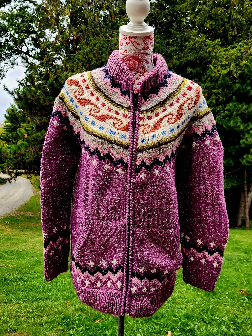 Zip-Front Fair Isle Cardigan Sweater in Plum